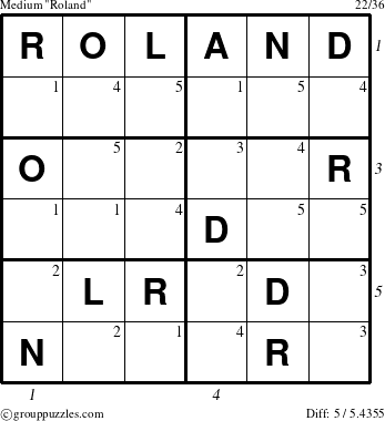 The grouppuzzles.com Medium Roland puzzle for , suitable for printing, with all 5 steps marked