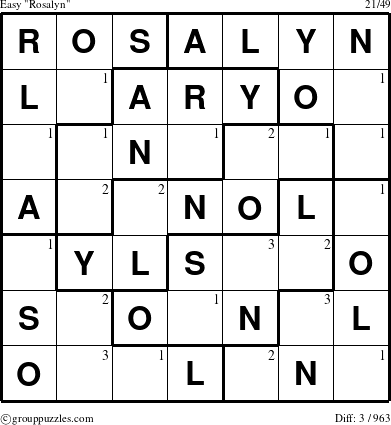 The grouppuzzles.com Easy Rosalyn puzzle for  with the first 3 steps marked