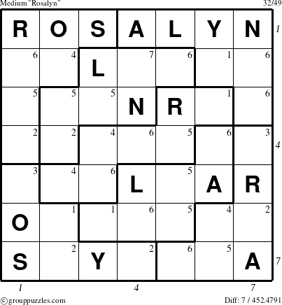 The grouppuzzles.com Medium Rosalyn puzzle for , suitable for printing, with all 7 steps marked