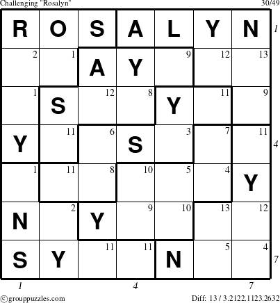 The grouppuzzles.com Challenging Rosalyn puzzle for , suitable for printing, with all 13 steps marked