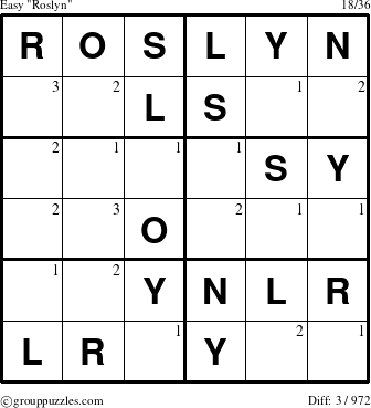 The grouppuzzles.com Easy Roslyn puzzle for  with the first 3 steps marked