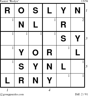 The grouppuzzles.com Easiest Roslyn puzzle for , suitable for printing, with all 2 steps marked