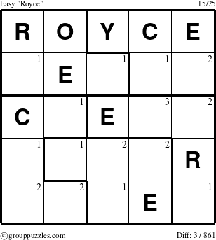 The grouppuzzles.com Easy Royce puzzle for  with the first 3 steps marked