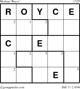 The grouppuzzles.com Medium Royce puzzle for  with the first 3 steps marked