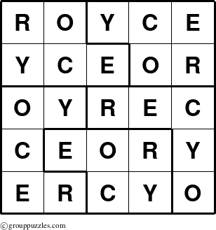 The grouppuzzles.com Answer grid for the Royce puzzle for 