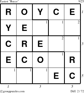 The grouppuzzles.com Easiest Royce puzzle for , suitable for printing, with all 2 steps marked