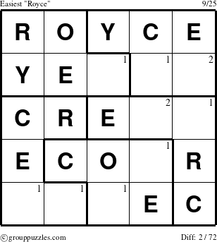 The grouppuzzles.com Easiest Royce puzzle for  with the first 2 steps marked