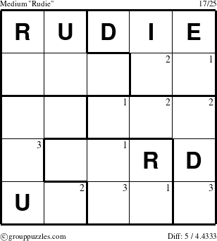 The grouppuzzles.com Medium Rudie puzzle for  with the first 3 steps marked