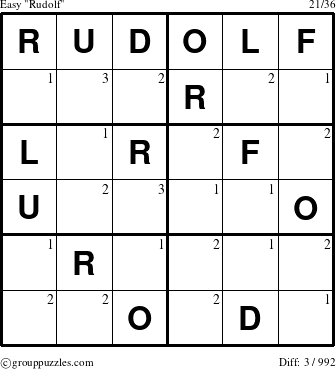 The grouppuzzles.com Easy Rudolf puzzle for  with the first 3 steps marked