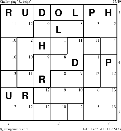 The grouppuzzles.com Challenging Rudolph puzzle for  with all 13 steps marked