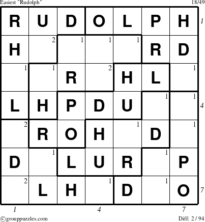 The grouppuzzles.com Easiest Rudolph puzzle for , suitable for printing, with all 2 steps marked