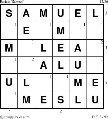 The grouppuzzles.com Easiest Samuel puzzle for , suitable for printing, with all 2 steps marked