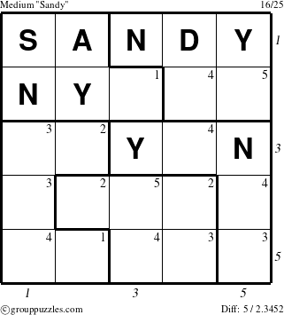 The grouppuzzles.com Medium Sandy puzzle for , suitable for printing, with all 5 steps marked