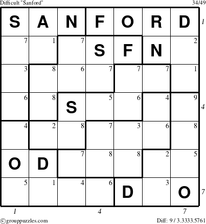 The grouppuzzles.com Difficult Sanford puzzle for  with all 9 steps marked