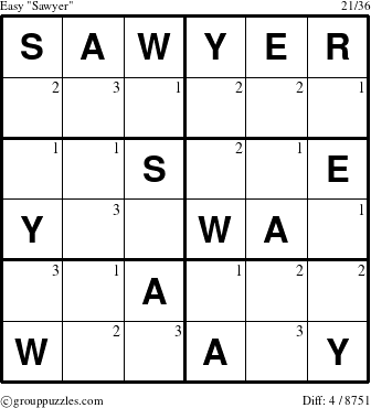 The grouppuzzles.com Easy Sawyer puzzle for  with the first 3 steps marked