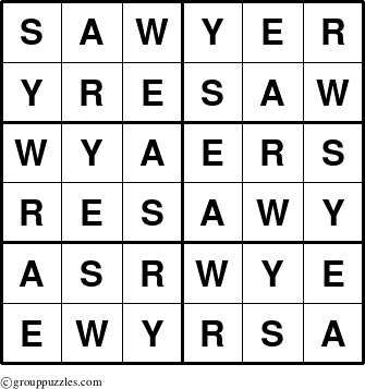 The grouppuzzles.com Answer grid for the Sawyer puzzle for 