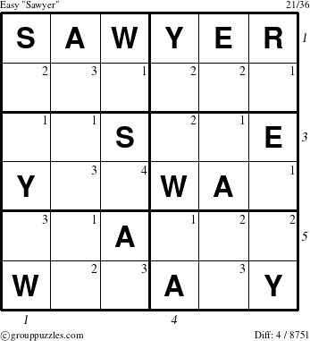 The grouppuzzles.com Easy Sawyer puzzle for  with all 4 steps marked