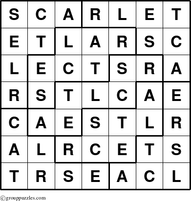 The grouppuzzles.com Answer grid for the Scarlet puzzle for 