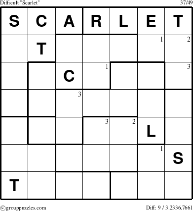 The grouppuzzles.com Difficult Scarlet puzzle for  with the first 3 steps marked