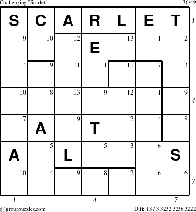 The grouppuzzles.com Challenging Scarlet puzzle for  with all 13 steps marked