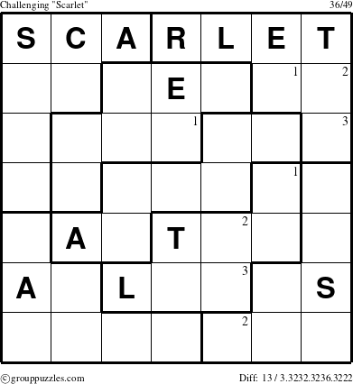 The grouppuzzles.com Challenging Scarlet puzzle for  with the first 3 steps marked