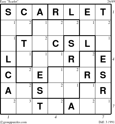 The grouppuzzles.com Easy Scarlet puzzle for , suitable for printing, with all 3 steps marked