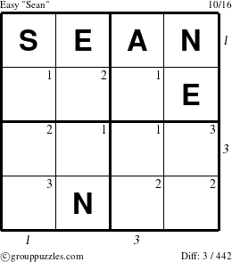 The grouppuzzles.com Easy Sean puzzle for , suitable for printing, with all 3 steps marked