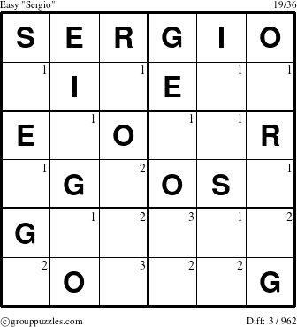 The grouppuzzles.com Easy Sergio puzzle for  with the first 3 steps marked