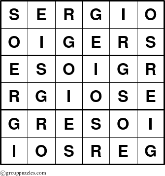 The grouppuzzles.com Answer grid for the Sergio puzzle for 