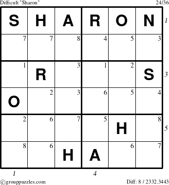 The grouppuzzles.com Difficult Sharon puzzle for , suitable for printing, with all 8 steps marked