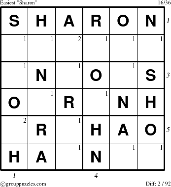 The grouppuzzles.com Easiest Sharon puzzle for , suitable for printing, with all 2 steps marked