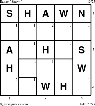 The grouppuzzles.com Easiest Shawn puzzle for , suitable for printing, with all 2 steps marked