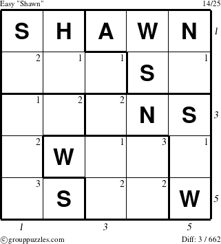 The grouppuzzles.com Easy Shawn puzzle for , suitable for printing, with all 3 steps marked