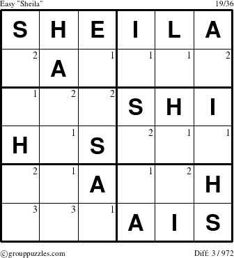 The grouppuzzles.com Easy Sheila puzzle for  with the first 3 steps marked