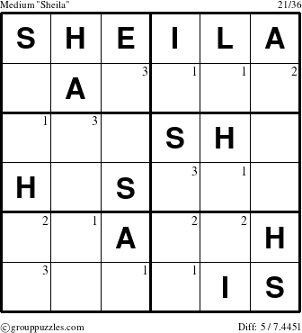 The grouppuzzles.com Medium Sheila puzzle for  with the first 3 steps marked