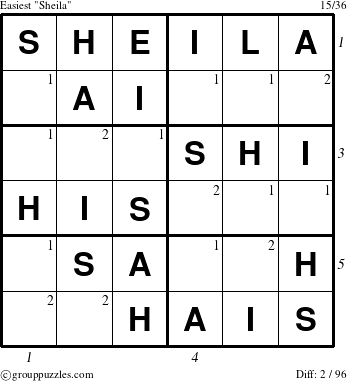 The grouppuzzles.com Easiest Sheila puzzle for , suitable for printing, with all 2 steps marked