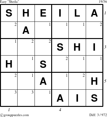 The grouppuzzles.com Easy Sheila puzzle for  with all 3 steps marked