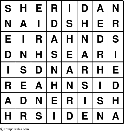 The grouppuzzles.com Answer grid for the Sheridan puzzle for 