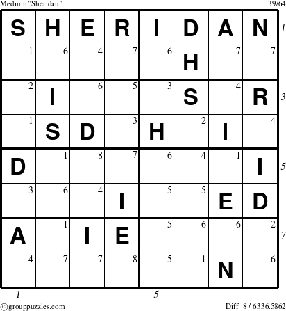 The grouppuzzles.com Medium Sheridan puzzle for , suitable for printing, with all 8 steps marked