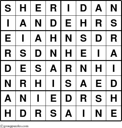 The grouppuzzles.com Answer grid for the Sheridan puzzle for 