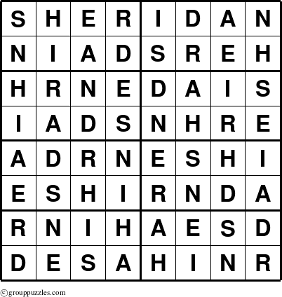 The grouppuzzles.com Answer grid for the Sheridan puzzle for 