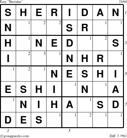 The grouppuzzles.com Easy Sheridan puzzle for  with all 3 steps marked