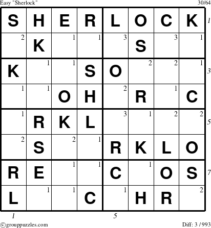 The grouppuzzles.com Easy Sherlock puzzle for  with all 3 steps marked