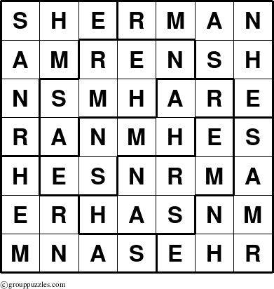 The grouppuzzles.com Answer grid for the Sherman puzzle for 