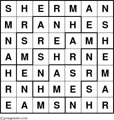 The grouppuzzles.com Answer grid for the Sherman puzzle for 