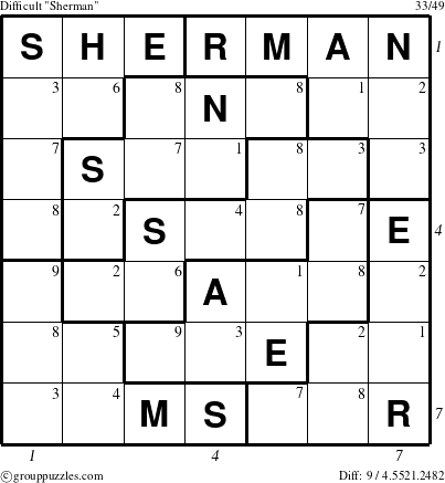 The grouppuzzles.com Difficult Sherman puzzle for , suitable for printing, with all 9 steps marked