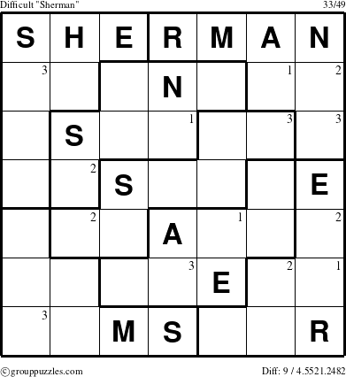 The grouppuzzles.com Difficult Sherman puzzle for  with the first 3 steps marked