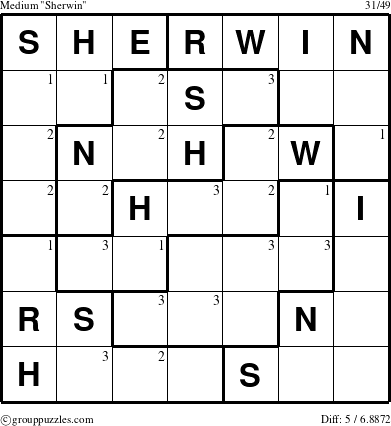 The grouppuzzles.com Medium Sherwin puzzle for  with the first 3 steps marked