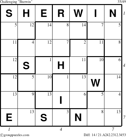 The grouppuzzles.com Challenging Sherwin puzzle for , suitable for printing, with all 14 steps marked