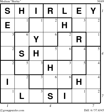 The grouppuzzles.com Medium Shirley puzzle for  with all 6 steps marked